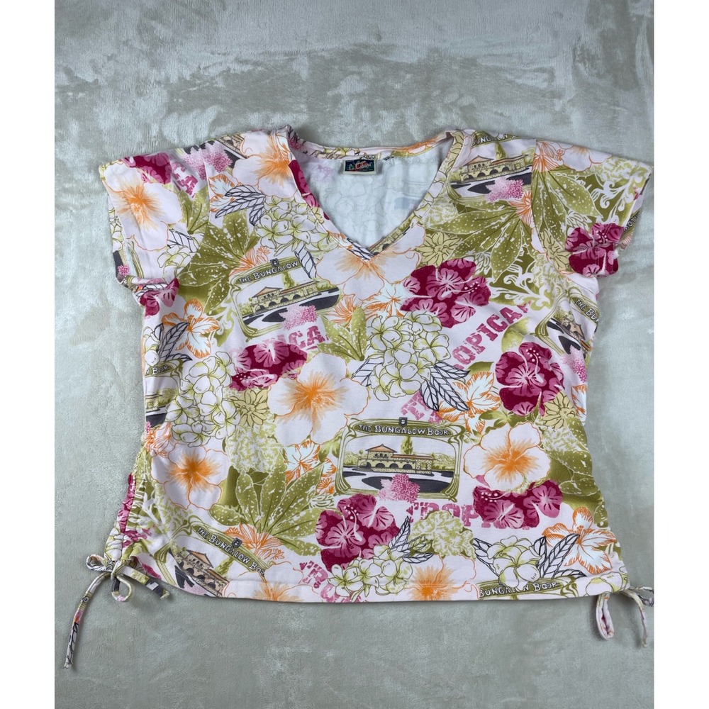 La Cabana Womens Tropical Floral Bungalow Print V-Neck Ruched Side Tie Top XL